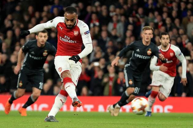 5th April 2018, Emirates Stadium, London, England; UEFA Europa League football, quarter final, 1st leg, Alexandre Lacazette of Arsenal scores a penalty making it 2-1 in minute 23  ActionPlus12008930