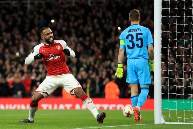 5th April 2018, Emirates Stadium, London, England; UEFA Europa League football, quarter final, 1st leg, Alexandre Lacazette of Arsenal celebrates after scoring a penalty making it 2-1 in minute 23  ActionPlus12008931
