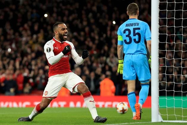 5th April 2018, Emirates Stadium, London, England; UEFA Europa League football, quarter final, 1st leg, Alexandre Lacazette of Arsenal celebrates after scoring a penalty making it 2-1 in minute 23  ActionPlus12008932
