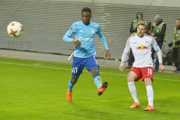 Football Europa League 2017 18 Quarterfinals RB Leipzig Olympique Marseille 05 04 2018 Cross Emil Forsberg RBL ahead Buona Sarr OM li Leipzig Saxony Germany