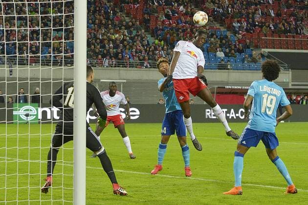 Football Europa League 2017 18 Quarterfinals RB Leipzig Olympique Marseille 05 04 2018 Header Ibrahima Konate RBL Leipzig Saxony Germany