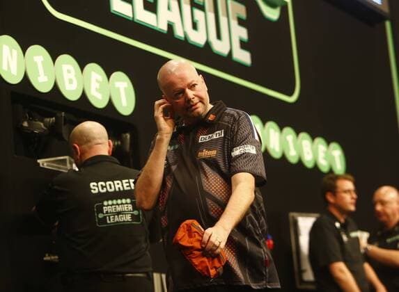 5th April 2018, Echo Arena, Liverpool, England; Unibet Premier League Darts; A stunned Raymond van Barneveld (NLD) walks off the stage after his 0-7 defeat by Michael Smith (ENG)  ActionPlus12008937