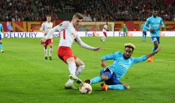 RB Leipzig Marseille Soccer Euro League Leipzig 05 04 2018 Red Bull Arena Soccer UEFA Euro League Quarter Finals First leg RB Leipzig vs. Olympique Marseille Pictured left Timo Werner 11 RB Leipzig and Jordan Amavi 18 Marseille