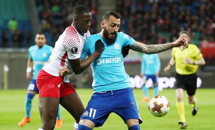 RB Leipzig Marseille Soccer Euro League Leipzig 05 04 2018 Red Bull Arena Soccer UEFA Euro League Quarter Finals RB Leipzig vs. Olympique de Marseille Pictured l Ibrahima KonatŽ Konate 6 RB Leipzig and Konstantinos Mitroglou 11 Marseille