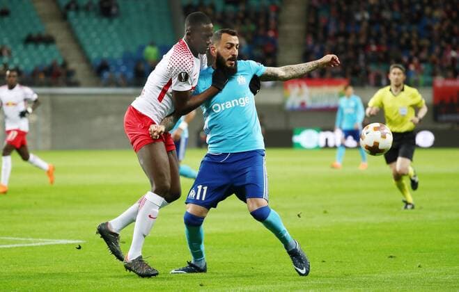 RB Leipzig Marseille Soccer Euro League Leipzig 05 04 2018 Red Bull Arena Soccer UEFA Euro League Quarter Finals RB Leipzig vs. Olympique de Marseille Pictured l Ibrahima KonatŽ Konate 6 RB Leipzig and Konstantinos Mitroglou 11 Marseille
