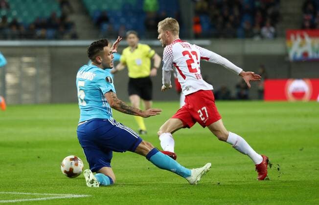 RB Leipzig Marseille Soccer Euro League Leipzig 05 04 2018 Red Bull Arena Soccer UEFA Euro League Quarter Finals RB Leipzig vs Olympique de Marseille Pictured l Lucas Ocampos 5 Marseille and Konrad Laimer 27 RB Leipzig