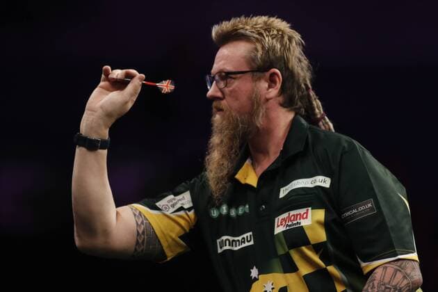 5th April 2018, Echo Arena, Liverpool, England; Unibet Premier League Darts; Simon Whitlock (AUS) at the oche during his match against Gerwyn Price (WAL)  ActionPlus12008942