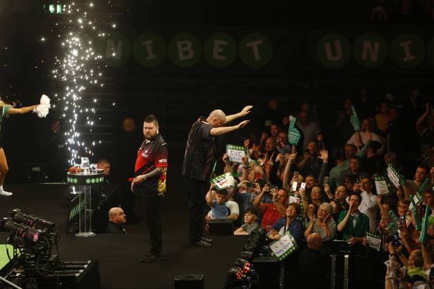 5th April 2018, Echo Arena, Liverpool, England; Unibet Premier League Darts; Raymond van Barneveld (NLD) acknowledges the Echo Arena crowd before his match against Michael Smith (ENG)  ActionPlus12008948