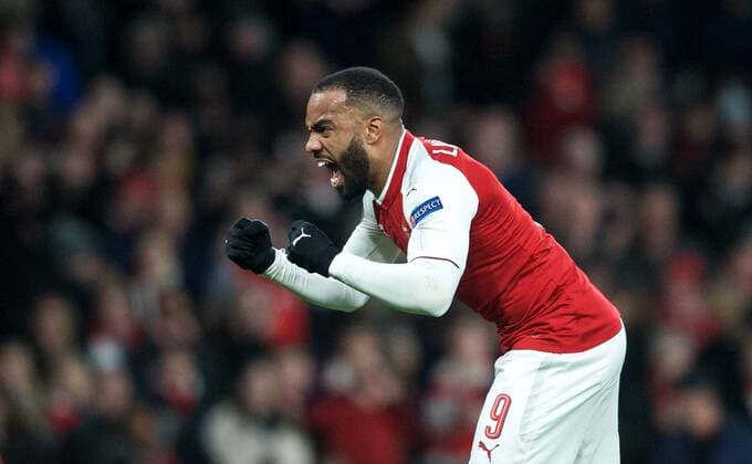 Alexandre Lacazette of Arsenal celebrates scoring his goal from the penalty spot 2-1 during the UEFA Europa League QF 1st leg match between Arsenal and CSKA Moscow at the Emirates Stadium, London, England on 5 April 2018. Copyright: xAndrewxAleksiejczukx PMI-1949-0015