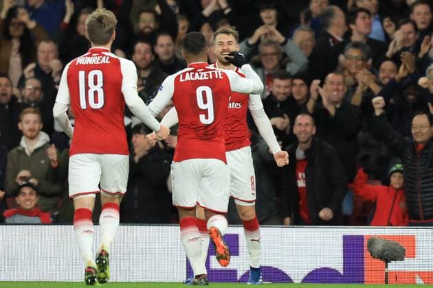 5th April 2018, Emirates Stadium, London, England; UEFA Europa League football, quarter final, 1st leg, Aaron Ramsey of Arsenal celebrates after scoring as he makes it 3-1 in minute 28  ActionPlus12008952