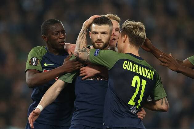 SOCCER - EL, Lazio vs RBS ROME,ITALY,05.APR.18 - SOCCER - UEFA Europa League, quarterfinal, SS Lazio vs Red Bull Salzburg. Image shows the rejoicing of Amadou Haidara, Valon Berisha, Xaver Schlager and Fredrik Gulbrandsen (RBS). GEPAxpictures xMathiasxMandl