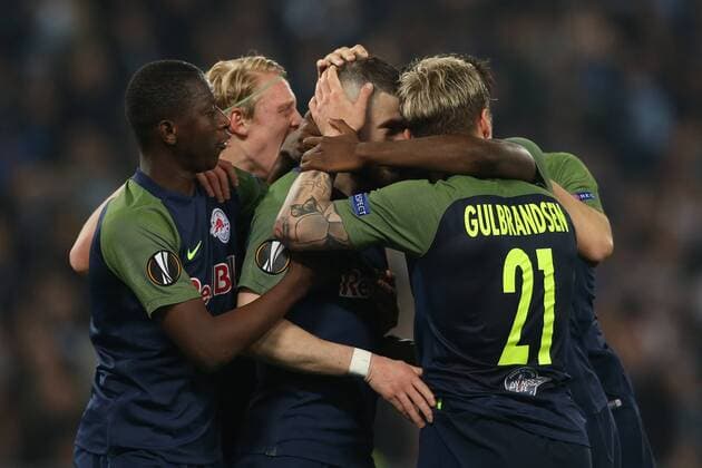 SOCCER - EL, Lazio vs RBS ROME,ITALY,05.APR.18 - SOCCER - UEFA Europa League, quarterfinal, SS Lazio vs Red Bull Salzburg. Image shows the rejoicing of Amadou Haidara, Valon Berisha, Xaver Schlager and Fredrik Gulbrandsen (RBS). GEPAxpictures xMathiasxMandl