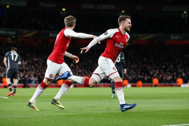 Aaron Ramsey of Arsenal scoring his 2nd goal and his side s 3rd goal during the UEFA Europa League Quarter-Final 1st leg match at the Emirates Stadium, London. Picture date 5th April 2018. Picture credit should read: Charlie Forgham-Bailey Sportimage EDITORIAL USE ONLY. No use with unauthorised audio, video, data, fixture lists, club league logos or live services. Online in-match use limited to 120 images, no video emulation. No use in betting, games or single club league player publications.