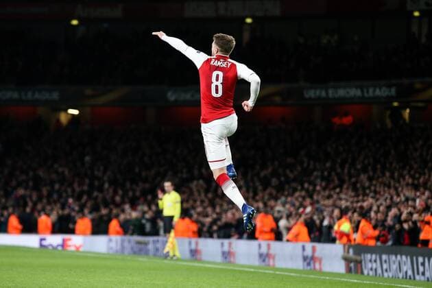 Aaron Ramsey of Arsenal celebrates scoring his 2nd goal and his side s 3rd goal during the UEFA Europa League Quarter-Final 1st leg match at the Emirates Stadium, London. Picture date 5th April 2018. Picture credit should read: Charlie Forgham-Bailey Sportimage EDITORIAL USE ONLY. No use with unauthorised audio, video, data, fixture lists, club league logos or live services. Online in-match use limited to 120 images, no video emulation. No use in betting, games or single club league player publications.