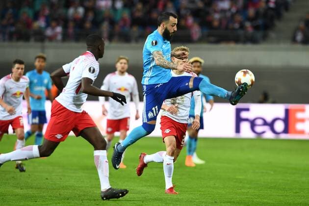 Soccer Men Season 2017 2018 Europa League Quarter Finals First leg RB Leipzig Olympique Marseille Ibrahima Konate Nr 6 RB Leipzig Konstantinos Mitroglou Nr 11 Olympique Marseille Konrad Laimer Nr 27 RB Leipzig 05 04 2018 Copyright: xMatthiasxKochx