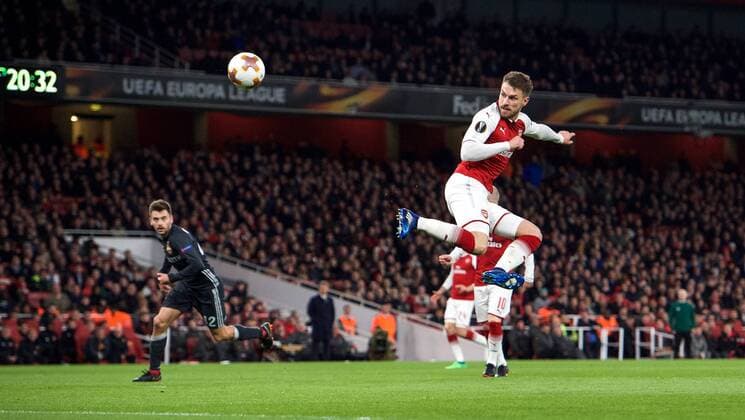 Aaron Ramsey of Arsenal scores his second goal during the UEFA Europa League QF 1st leg match between Arsenal and CSKA Moscow at the Emirates Stadium, London, England on 5 April 2018. Copyright: xAndrewxAleksiejczukx PMI-1949-0016