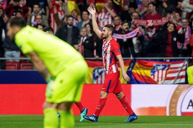 Atletico de Madrid s Koke jubilates the first goal of the team during the UEFA Champions League quarter-final first leg match between Atletico de Madrid and Sporting Lisboa at the Wanda Metropolitano stadium in Madrid, Spain, 05 April 2018. Atletico de Madrid vs. Sporting Lisboa !ACHTUNG: NUR REDAKTIONELLE NUTZUNG!  Copyright: xRodrigoxJimenezx MAD03 20180405-636585619333009098