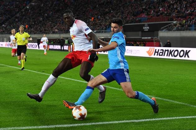 Soccer Men Season 2017 2018 Europa League Quarter Finals First leg RB Leipzig Olympique Marseille Ibrahima Konate No 6 RB Leipzig Morgan Sanson No 8 Olympique Marseille 05 04 2018 Copyright: xMatthiasxKochx