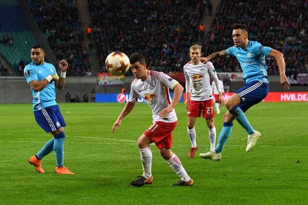 Soccer Men Season 2017 2018 Europa League Quarter Finals First leg RB Leipzig Olympique Marseille Dimitri Payet No 10 Olympique Marseille Diego Demme No 31 RB Leipzig Lucas Ocampos No 5 Olympique Marseille 05 04 2018 Copyright: xMatthiasxKochx