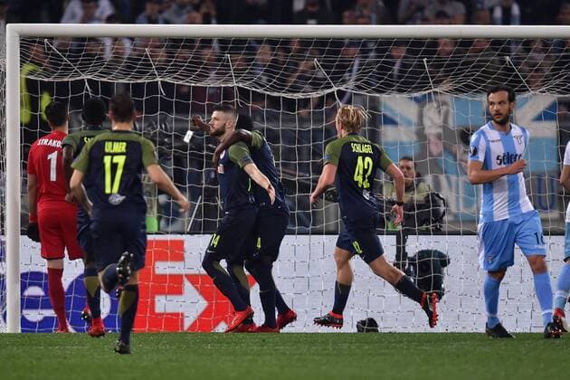 Esutanza gol rigore Valon Berisha. Valon Berisha celebrates after scoring on penalty. Goal celebration Roma 05-04-2018 Stadio Olimpico Football Calcio Europa League 2017 2018 Lazio - Salzburg Lazio - Salisburgo Foto Andrea Staccioli Insidefoto andreaxstaccioli