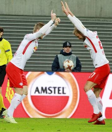 GER Europa League Quarterfinal RasenBallsport Leipzig vs Besiktas Istanbul 05 04 18 Leipzig Red Bull Arena GER season 2017 2018 UEFA Europa League quarterfinal RasenBallsport Leipzig vs Olympique Marseille pictured Torjubel Timo Werner and Konrad Laimer Leipzig after the gate to 1 0 by Timo Werner