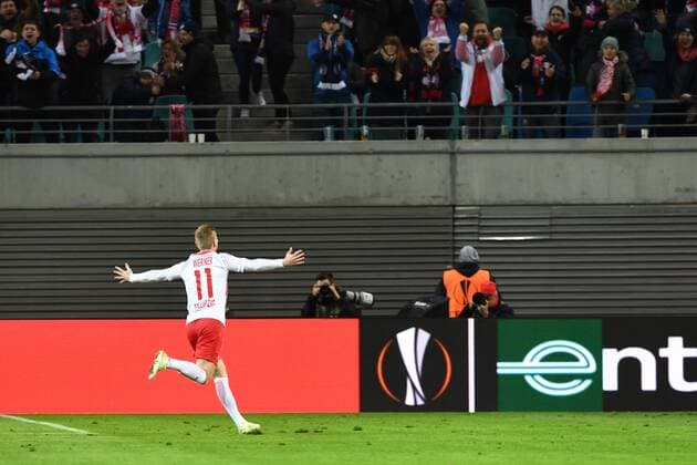 Football mens season 2017 2018 Europa League quarter-finals first leg RB Leipzig Olympique Marseille cheers for the gate to 1 0 by Timo Werner No. 11 RB Leipzig 05 04 2018 Copyright: xMatthiasxKochx