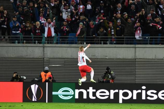 Football mens season 2017 2018 Europa League quarter-finals first leg RB Leipzig Olympique Marseille cheers for the gate to 1 0 by Timo Werner No. 11 RB Leipzig 05 04 2018 Copyright: xMatthiasxKochx