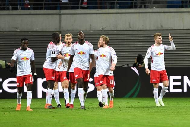 Football mens season 2017 2018 Europa League quarter-finals first leg RB Leipzig Olympique Marseille cheers for the gate to 1 0 by Timo Werner No. 11 RB Leipzig 05 04 2018 Copyright: xMatthiasxKochx