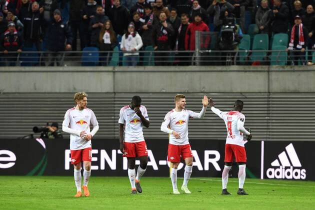 Soccer Mens Season 2017 2018 Europa League quarter-finals First leg RB Leipzig Olympique Marseille Cheers for the goal to 1 0 by Timo Werner No. 11 RB Leipzig Emil Forsberg No. 10 RB Leipzig Dayot Upamecano No. 5 RB Leipzig Naby Keita No. 8 RB Leipzig 05 04 2018 Copyright: xMatthiasxKochx