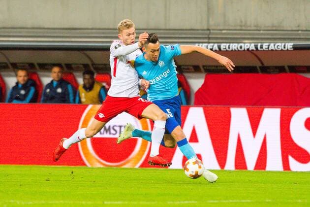 Europe League RB Leipzig vs Olympique Marseille 05 04 2018 Red Bull Arena Leipzig GER Europa League RB Leipzig vs Olympique Marseille im Bild Konrad Laimer 27 RB Leipzig Lucas Ocampos 5 Olympique Marseille nordphotoxDostmann nph00325