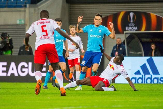 Europe League RB Leipzig vs Olympique Marseille 05 04 2018 Red Bull Arena Leipzig GER Europa League RB Leipzig vs Olympique Marseille pictured Lucas Ocampos 5 Olympique Marseille Dayot Upamecano 5 RB Leipzig Ibrahima Konate 6 RB Leipzig nordphotoxDostmann nph00325