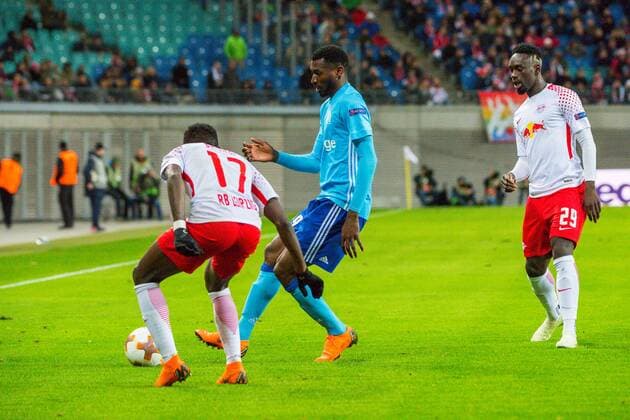 GER Europa League RB Leipzig vs Olympique Marseille 05 04 2018 Red Bull Arena Leipzig GER Europa League RB Leipzig vs Olympique Marseille im Bild Bruma 17 RB Leipzig Jean Kevin Augustin 29 RB Leipzig Andre Zambo Anguissa 29 Olympique Marseille nordphotoxDostmann nph00325