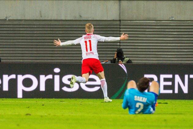 Europe League RB Leipzig vs Olympique Marseille 05 04 2018 Red Bull Arena Leipzig GER Europa League RB Leipzig vs Olympique Marseille im Bild Torjubel scored by goal scorer Timo Werner 11 RB Leipzig after the 1 0 lead by RB Leipzig against Olympique Marseille nordphotoxDostmann nph00325