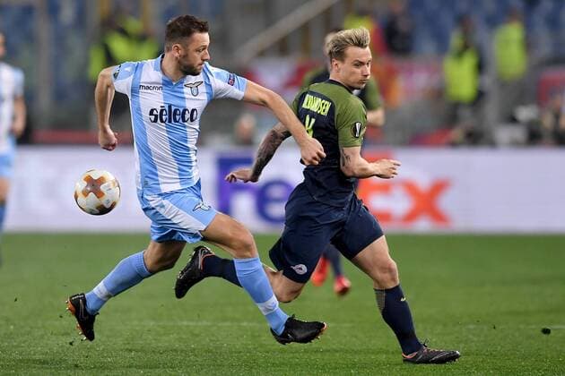 Stefan De Vrij Lazio, Frederik Gulbrandsen Salzburg. Roma 05-04-2018 Stadio Olimpico Football Calcio Europa League 2017 2018 Lazio - Salzburg Lazio - Salisburgo Foto Antonietta Baldassarre Insidefoto AntoxBalda