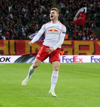 RB Leipzig Marseille Soccer Euro League Leipzig 05 04 2018 Red Bull Arena Soccer UEFA Euro League Quarter Finals First leg RB Leipzig vs. Olympique Marseille Pictured goal for RB Leipzig Timo Werner 11 RB Leipzig scores the 0-1 goal and cheers