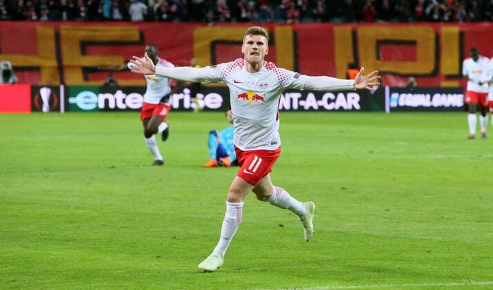 RB Leipzig Marseille Soccer Euro League Leipzig 05 04 2018 Red Bull Arena Soccer UEFA Euro League Quarter Finals First leg RB Leipzig vs. Olympique Marseille Pictured goal for RB Leipzig Timo Werner 11 RB Leipzig scores the 0-1 goal and cheers