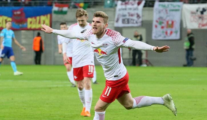 RB Leipzig Marseille Soccer Euro League Leipzig 05 04 2018 Red Bull Arena Soccer UEFA Euro League Quarter Finals First leg RB Leipzig vs. Olympique Marseille Pictured goal for RB Leipzig Timo Werner 11 RB Leipzig scores the 0-1 goal and cheers