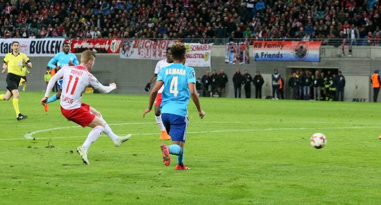 RB Leipzig Marseille Soccer Euro League Leipzig 05 04 2018 Red Bull Arena Soccer UEFA Euro League Quarter Finals First leg RB Leipzig vs Olympique Marseille Pictured goal for RB Leipzig Timo Werner 11 RB Leipzig scores the 0-1