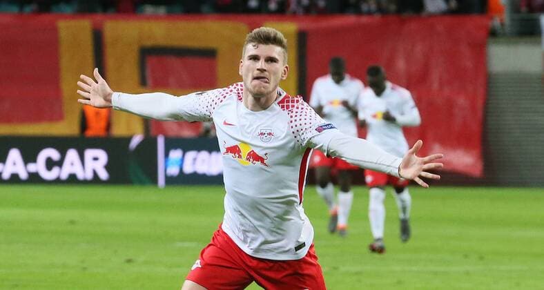 RB Leipzig Marseille Soccer Euro League Leipzig 05 04 2018 Red Bull Arena Soccer UEFA Euro League Quarter Finals First leg RB Leipzig vs. Olympique Marseille Pictured goal for RB Leipzig Timo Werner 11 RB Leipzig scores the 0-1 goal and cheers