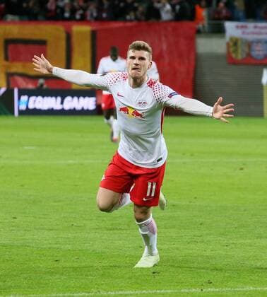 RB Leipzig Marseille Soccer Euro League Leipzig 05 04 2018 Red Bull Arena Soccer UEFA Euro League Quarter Finals First leg RB Leipzig vs. Olympique Marseille Pictured goal for RB Leipzig Timo Werner 11 RB Leipzig scores the 0-1 goal and cheers