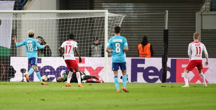 RB Leipzig Marseille Soccer Euro League Leipzig 05 04 2018 Red Bull Arena Soccer UEFA Euro League Quarter Finals RB Leipzig vs Olympique de Marseille Pictured goal for Leipzig Timo Werner re 11 Leipzig meets 1 0