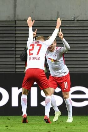 Football Mens Season 2017 2018 Europa League Quarter-finals First leg RB Leipzig Olympique Marseille Cheers for the goal to 1 0 Konrad Laimer No. 27 RB Leipzig Timo Werner No. 11 RB Leipzig 05 04 2018 Copyright: xMatthiasxKochx