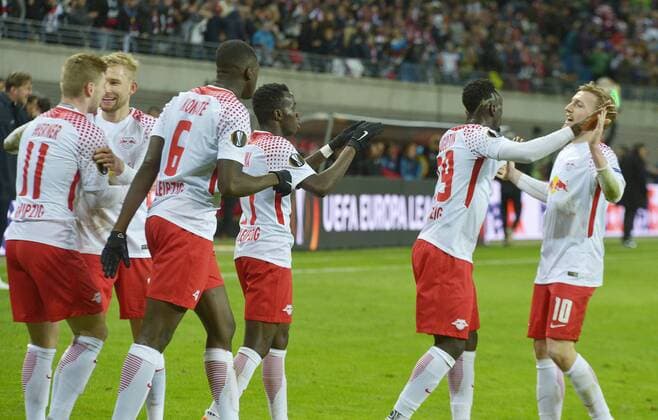Soccer Europa League 2017 18 Quarter-finals RB Leipzig Olympique Marseille 05 04 2018 Timo Werner RBL li celebrates his goal for the 1 0 with team colleague Konrad Laimer Ibrahima Konaté Bruma Jean Kevin Augustin and Emil Forsberg of Leipzig Saxony Germany