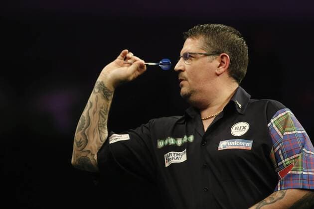 5th April 2018, Echo Arena, Liverpool, England; Unibet Premier League Darts; Gary Anderson (SCO) at the oche during his 5-7 loss against Rob Cross (ENG)  ActionPlus12008966
