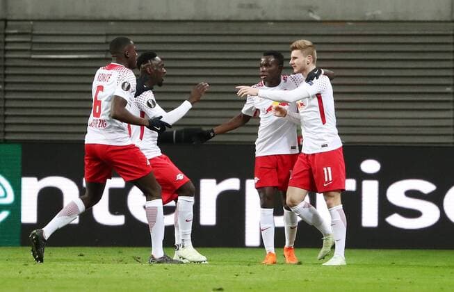 RB Leipzig Marseille Soccer Euro League Leipzig 05 04 2018 Red Bull Arena Soccer UEFA Euro League Quarter Finals RB Leipzig vs Olympique de Marseille Pictured left Ibrahima KonatŽ Konate 6 RB Leipzig Jean Kevin Augustin 29 RB Leipzig Bruma 17 RB Leipzig and goalscorer Timo Werner 11 RB Leipzig Torjubel after the hit to 1 0
