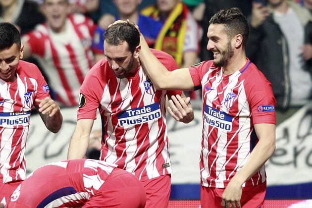 Atletico de Madrid s Angel Correa, Antoine Griezmann, Diego Godin and Koke Resurreccion celebrate goal during Europa League Quarter-finals, 1st leg. April 5,2018.  (2018040502)