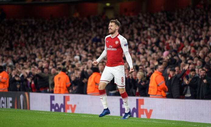 Aaron Ramsey of Arsenal celebrates scoring his second goal during the UEFA Europa League QF 1st leg match between Arsenal and CSKA Moscow at the Emirates Stadium, London, England on 5 April 2018. Copyright: xAndrewxAleksiejczukx PMI-1949-0037
