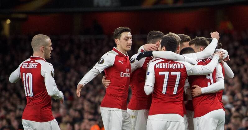 Aaron Ramsey of Arsenal celebrates scoring his second goal with teammates during the UEFA Europa League QF 1st leg match between Arsenal and CSKA Moscow at the Emirates Stadium, London, England on 5 April 2018. Copyright: xAndrewxAleksiejczukx PMI-1949-0040