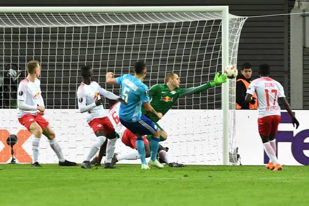 Soccer Men Season 2017 2018 Europa League Quarter Finals First leg RB Leipzig Olympique Marseille Ibrahima Konate Nr 6 RB Leipzig Lucas Ocampos Nr 5 Olympique Marseille TW Peter Gulacsi Nr 32 RB Leipzig 05 04 2018 Copyright: xMatthiasxKochx