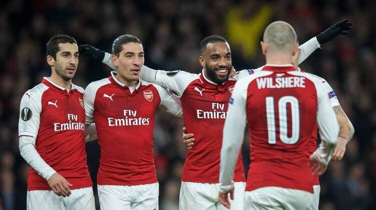 Alexandre Lacazette of Arsenal celebrates his goal during the UEFA Europa League QF 1st leg match between Arsenal and CSKA Moscow at the Emirates Stadium, London, England on 5 April 2018. Copyright: xAndrewxAleksiejczukx PMI-1949-0043